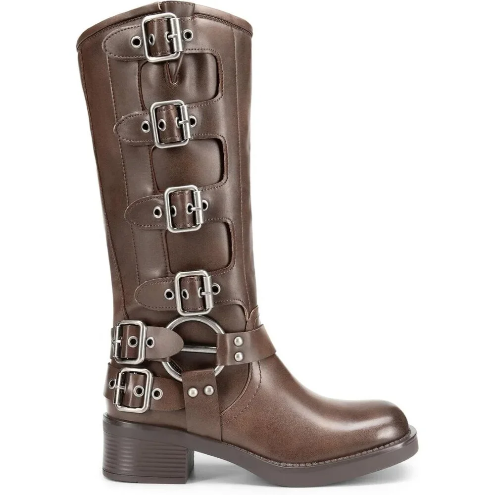 ⚡Women's Tan Polyurethane Knee High Riding Side Zipper Chunky Heel Boots - Picture 2 of 7